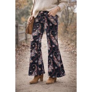 Women's Velvet Paisley Flare Pants Boho Floral Burgundy Black Retro, Sz 6 Whimsy